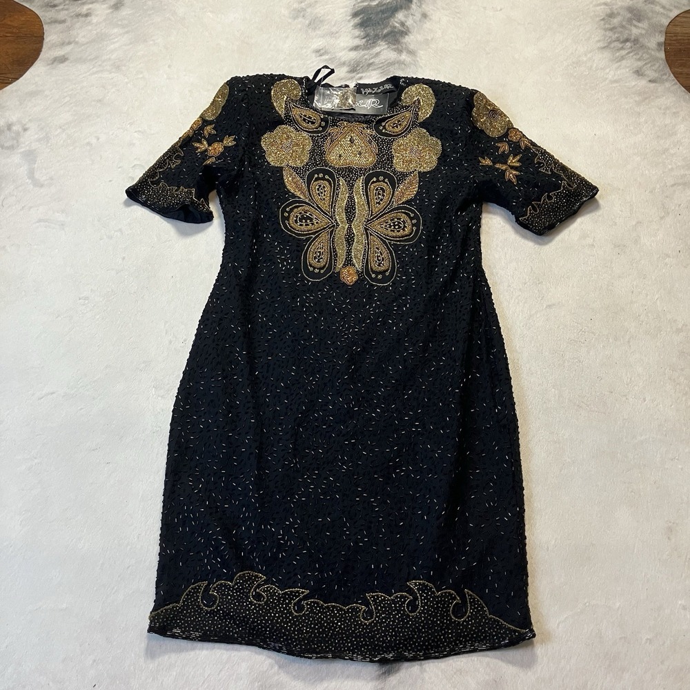 Hazur Dress Womens Size XXL Black Gold Silk Beaded Cocktail Vtg Shoulder Pads